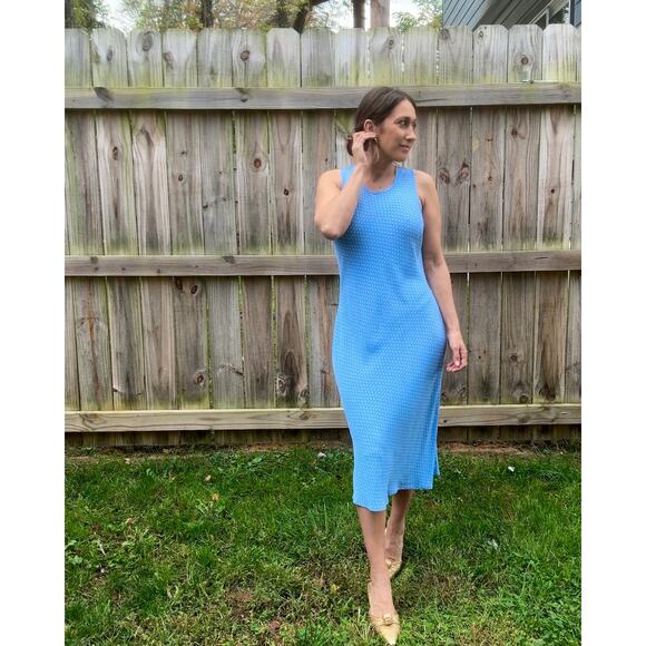 90s Vintage Washed French Blue Bias Cut Dress / Micro Polka Dot - Picture 2 of 10